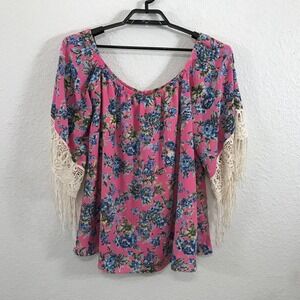 Voom Joy Han Shirt Blouse Womens Size L Pink Fringe Short Sleeve Polyester